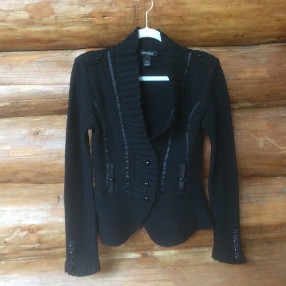 White House Black Market Black Wool Blend Goth Punk Cardigan Sweater Size Small - Picture 1 of 4